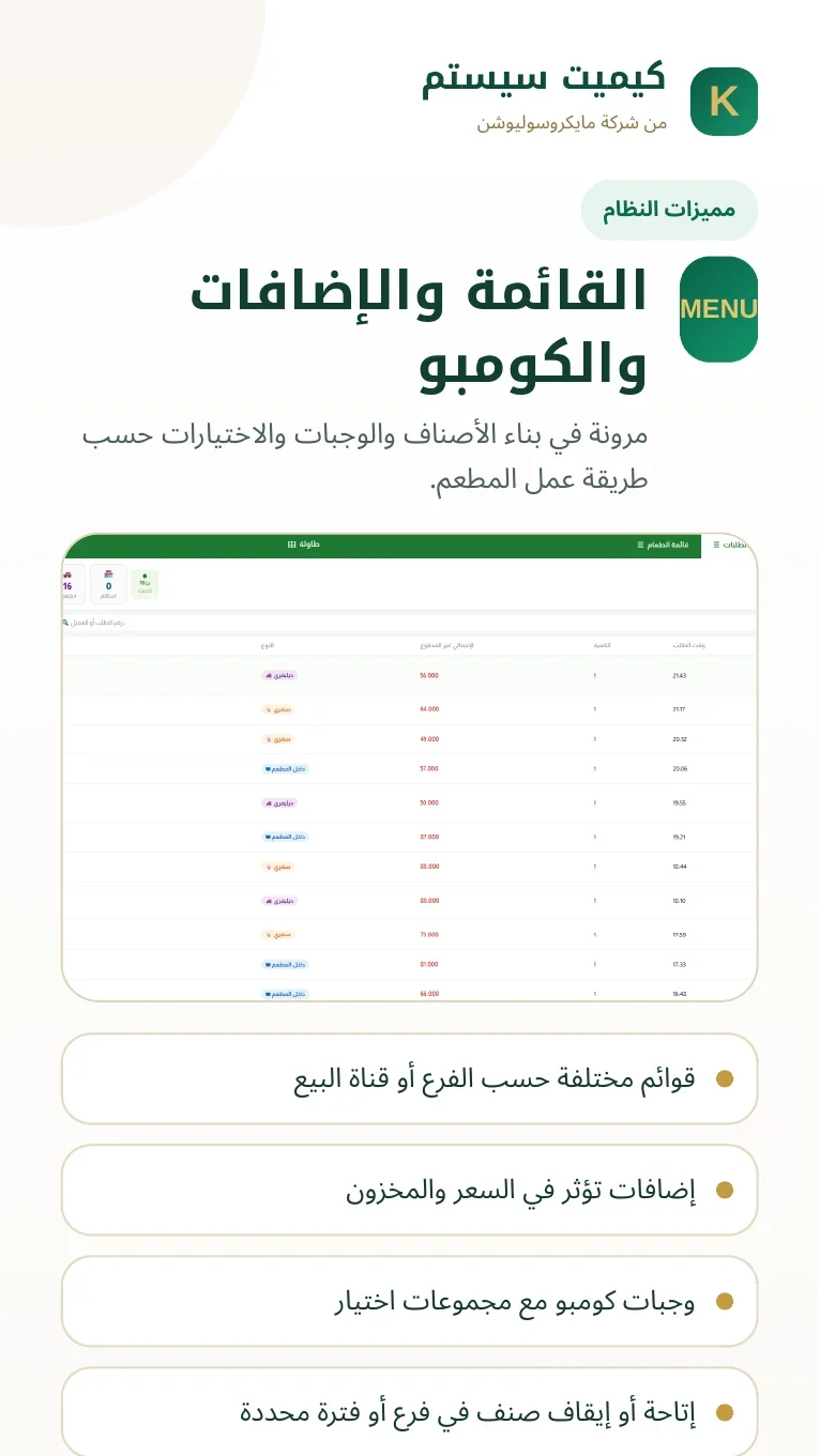 القائمة والإضافات
